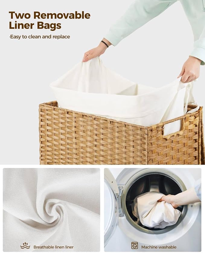 Greenstell Laundry Hamper with Wheels, No Install Needed, 90L Divided Handwoven - Image 4