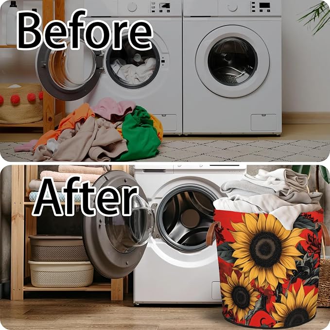Sunflowers Red Laundry Hamper Waterproof Collapsible Basket - Image 5