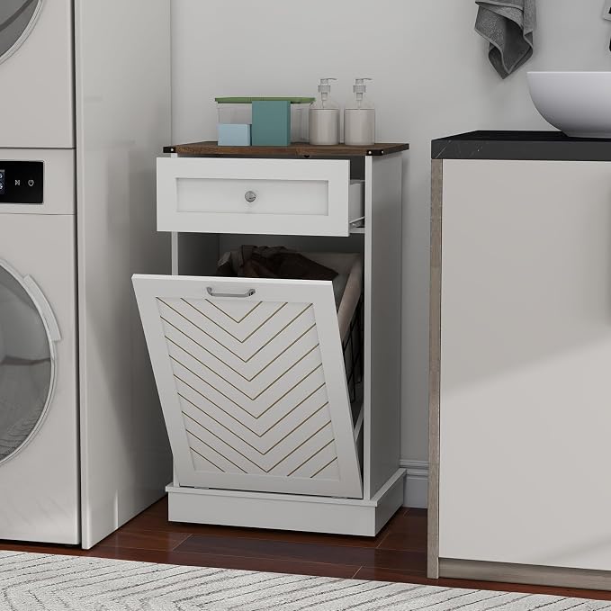 YOURLITE Tilt-Out Laundry Hamper Cabinet, 10 Gallon Herringbone Trash Can - Image 3