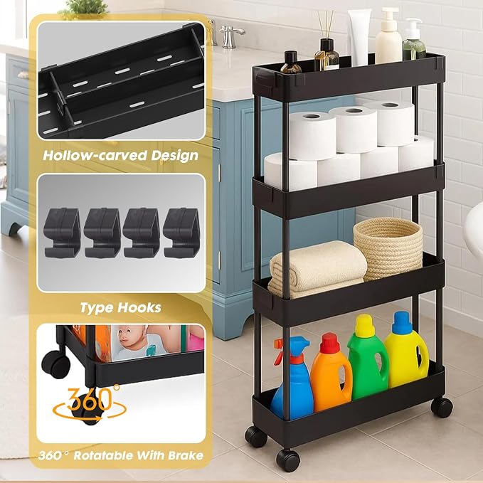 ShellKingdom 4 Tier Bathroom Storage Organizer, Slim Rolling Storage Cart - Image 6