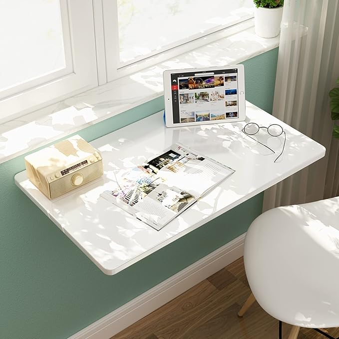 LUNEZY White Wall Mounted Desk Folding Wall Table Computer Workstation Foldable - Image 7