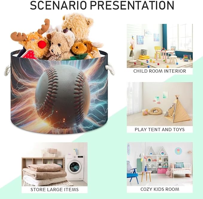 Baseball Print Round Storage Basket Sport Lightning Ball Large Laundry Hamper - Image 3