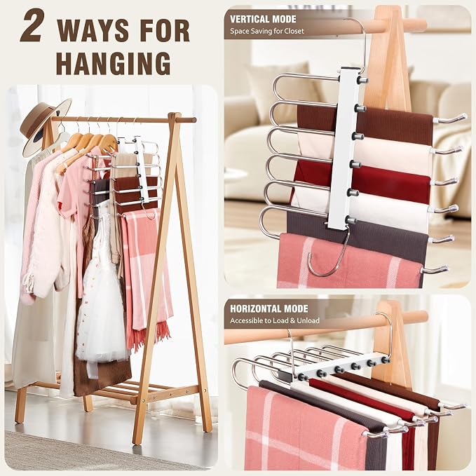 4 Pack 6-Tier Space Saving White Pant Hangers, Lightweight, Stainless Steel - Image 3