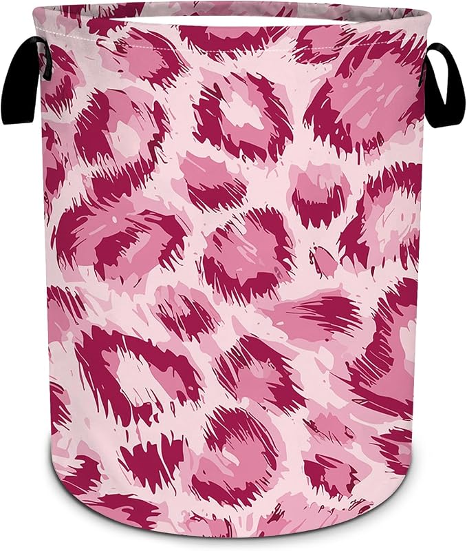 Pink Leopard Print Laundry Basket, Animal Skin Laundry Hamper Foldable by SLHFDKL