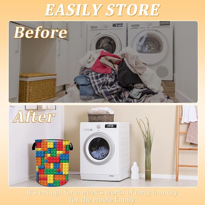 Colorful Building Blocks Laundry Basket, Bricks Laundry Hamper, Oxford - Image 3