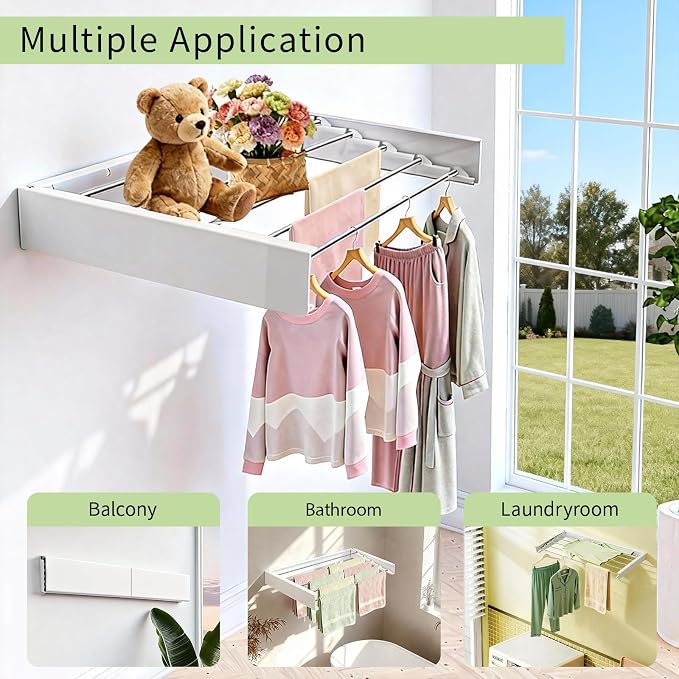 Wall Mounted Drying Rack 31.5'', Foldable Wall Clothes Drying Rack, Space - Image 7
