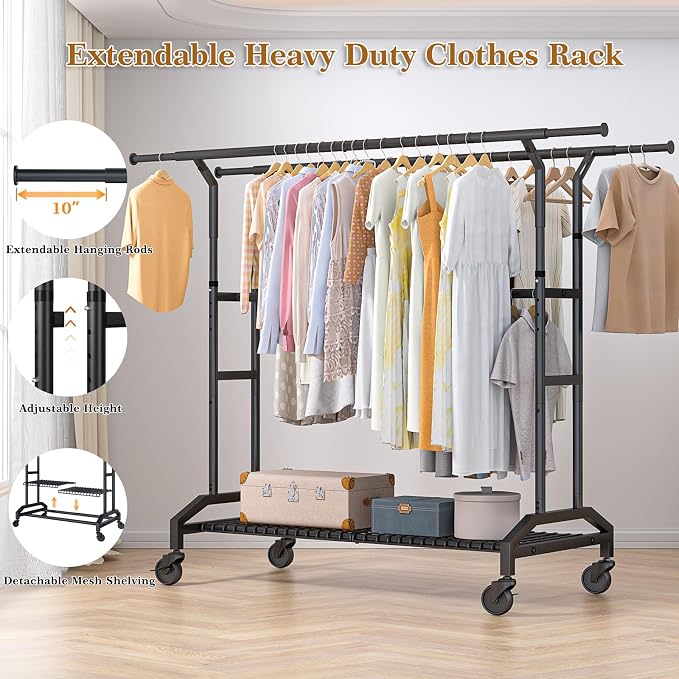 Heavy Duty Clothes Rack Rolling Clothes Rack 3 Rods Clothing Rack 450lbs - Image 4