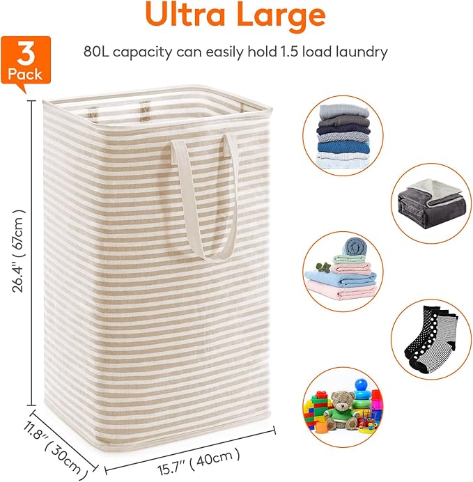 Lifewit 3 Pack Laundry Basket 80L Each, Collapsible Clothes Hamper - Image 2