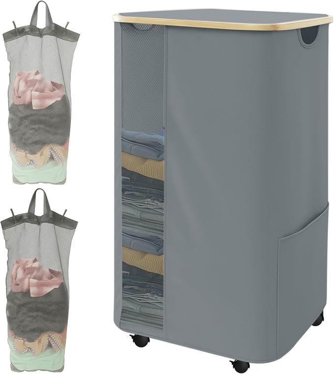Rolling Laundry Hamper with Lid & Wheels, 110L Slim Double Grey Laundry Hamper by Unknown