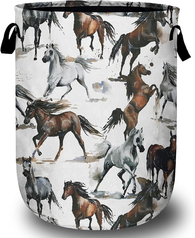 Watercolor Horse Laundry Basket, Foldable Waterproof Laundry Hamper Tote Bag by Unknown