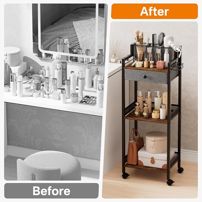 Bathroom Shelves with Drawer, 3 Tier Metal Rolling Standing Unit Storage - Image 7