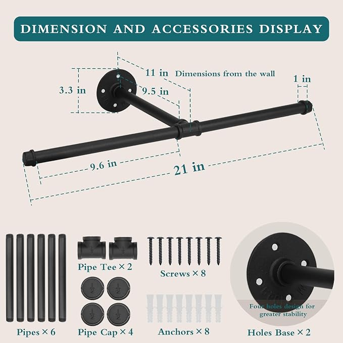 Cast Iron Wall Mounted Clothes Rack, T Shaped Industrial Pipe Clothing Bar - Image 2