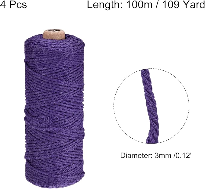MECCANIXITY 4 Pcs Cotton Rope 4 Strand Twisted Braided Rope Cord, Deep Purple - Image 2