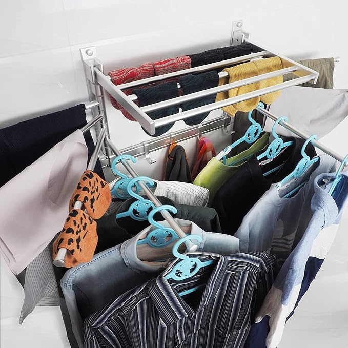 Wall Mounted Laundry Rack with Swivel Towel Rack Hooks and Swing Arms Space - Image 5