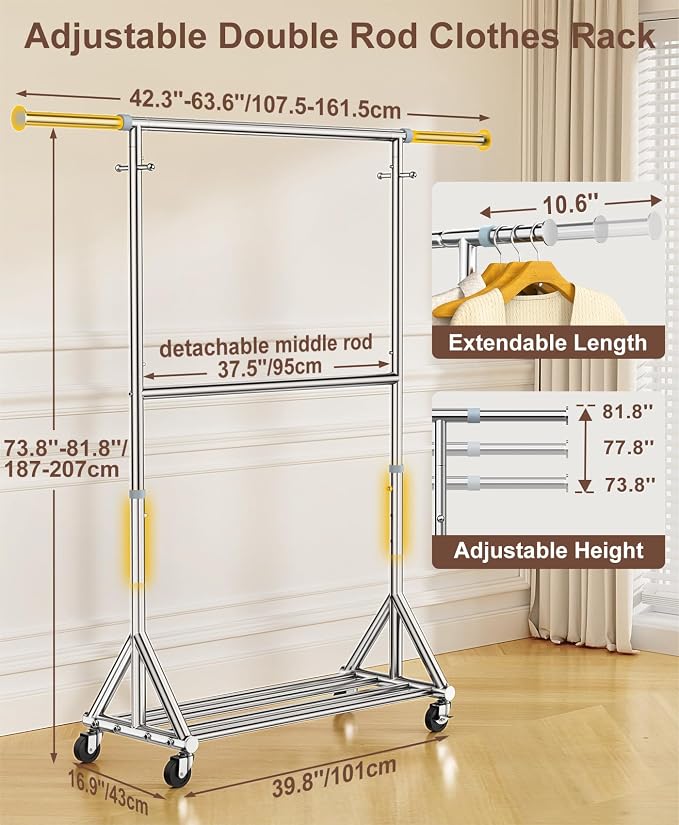 100% Stainless Steel Heavy Duty Clothes Rack Load 860 LBS, 2-Tier Rolling - Image 7