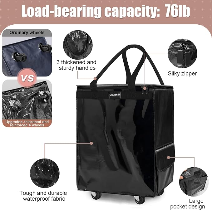 Reusable Grocery Bag on Wheels, Foldable Rolling Tote Bag - Image 3
