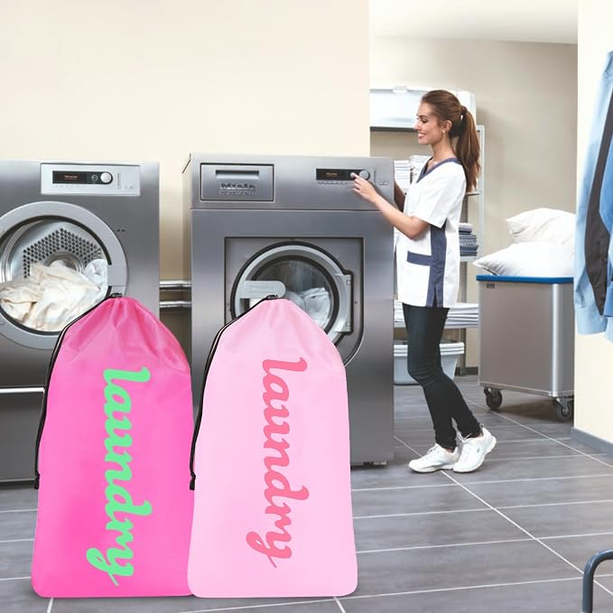 Large Travel Laundry Bag Pink, 2 Pack Potable Heavy Duty Drawstring Nylon Dirty - Image 6