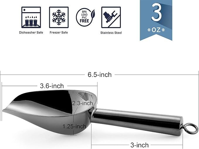 Mini Ice Scoop Set of 2, E-far 3 Ounce Platinum Black Stainless Steel Scoops - Image 2