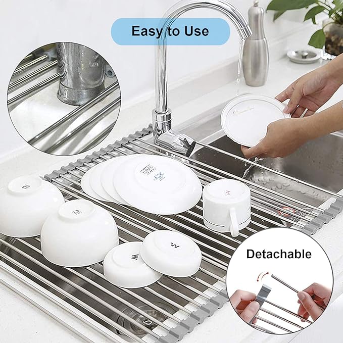 Searik Stainless Steel Over The Sink Dish Drying Rack, Roll Up Foldable Kitchen - Image 4