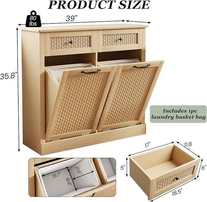 Double Tilt Out Laundry Hamper Cabinet, Rattan-Style Laundry Room Organization - Image 2