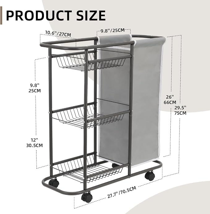 Rolling Laundry Cart with Wheels, 3-Tier Laundry Caddy Between Washer and Dryer - Image 7