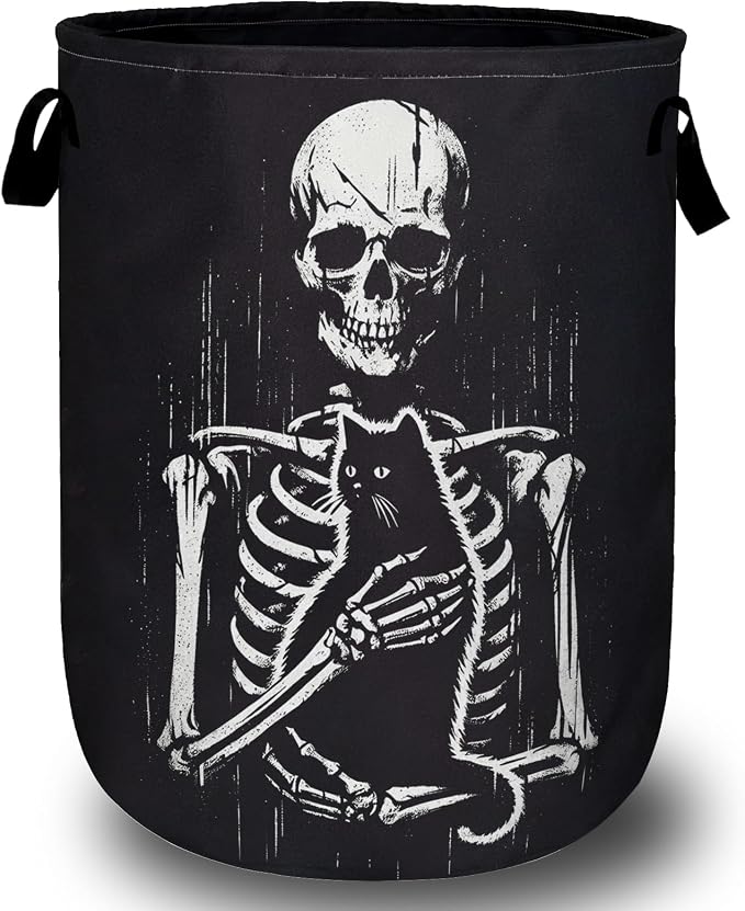 Funny Skull Black Cat Laundry Basket, Foldable Waterproof Laundry Hamper Tote by Unknown