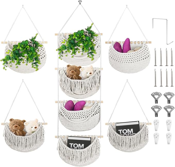 4 Tier Hanging Fruit Basket for Kitchen, 4 Pack Detachable Cotton Crocheted by iHansee