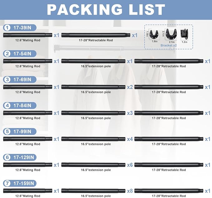 Closet Rods For Hanging Clothes, 17-39 Inches Stepless Spring Adjustable Closet - Image 2