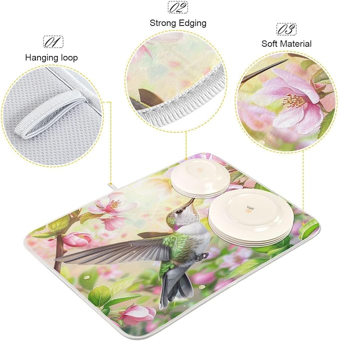 Attractive Kitchen Countertop Dish Drying Mat, Beautiful Pink Flowers - Image 3
