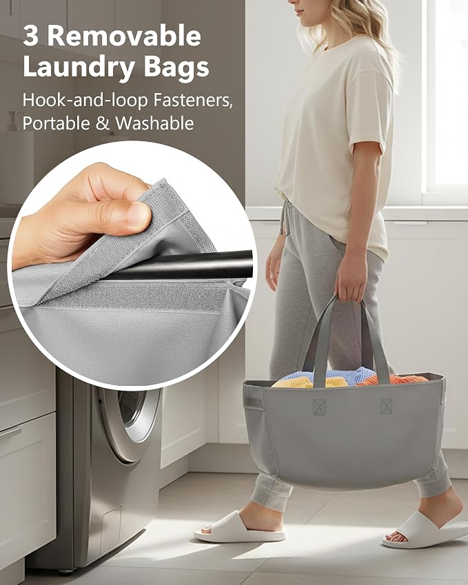 3 Section Laundry Sorter with Removable Bags, 120L Vertical Laundry Hamper with - Image 3