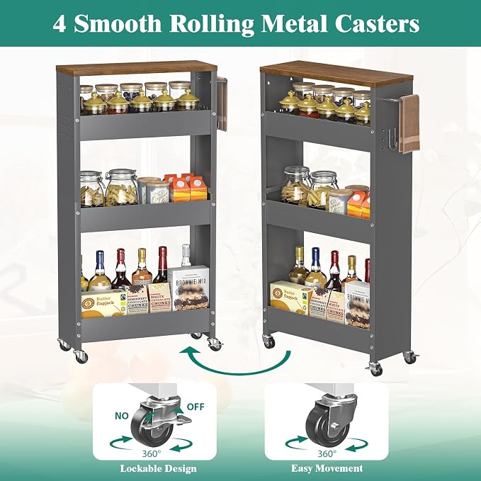 Slim Storage Cart, 4-Tier Kitchen Rolling Cart Narrow Storage Cabinet - Image 6