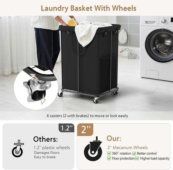 150L Large Laundry Basket with Wheels, Rolling Laundry Hamper with Removable - Image 3