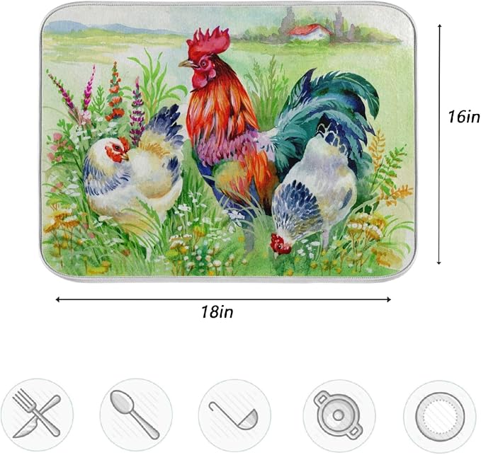 Rural Grass Chicken Rooster Easter Absorbent Dish Drying Mat Microfiber Kitchen - Image 4