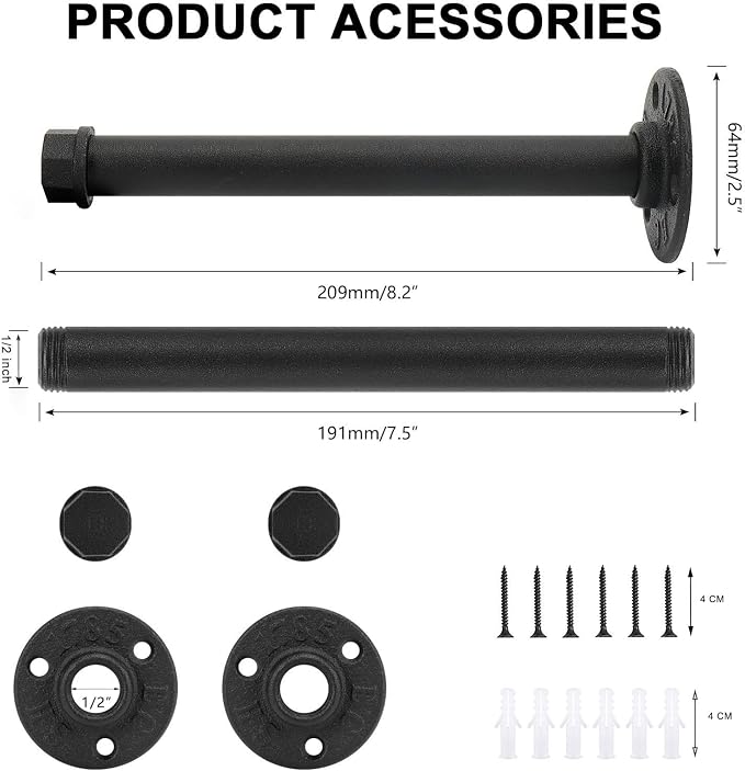 2 Pcs 8 Inch Industrial Pipe Clothes Rack DIY Wall Mounted, Heavy Duty Rustic - Image 2