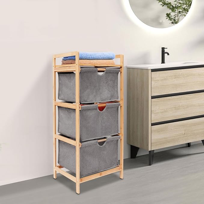 3-Tier Bamboo Hamper w/ 3 Pull Out Drawers, Laundry Room Organization - Image 4
