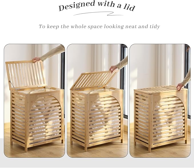 Laundry Hamper with Lid, Bamboo Clothes Laundry Basket with Handles, Removable - Image 7