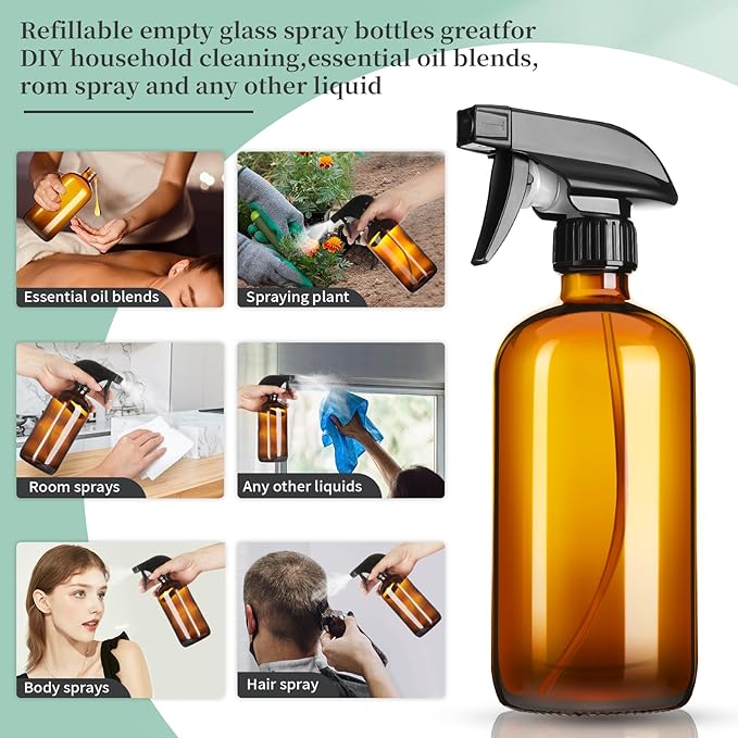 16oz Amber Glass Spray Bottles, 2 Pack Glass Spray Bottles Refillable Empty - Image 3