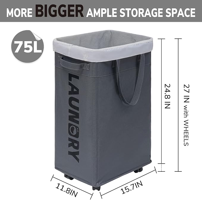 CHICVITA 2-Pack Hamper with Wheels, 75L Large Laundry Baskets with Removable - Image 3