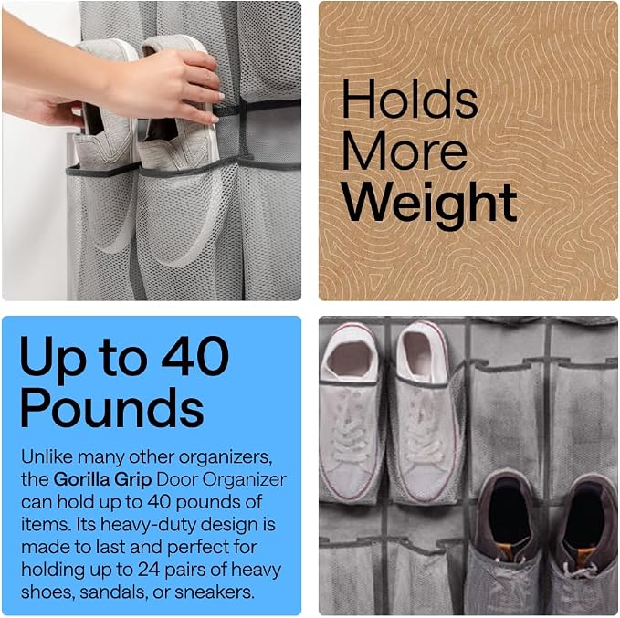 GORILLA GRIP Over the Door Shoe Organizer, 2 Pack, 24 Breathable Mesh Pockets - Image 3