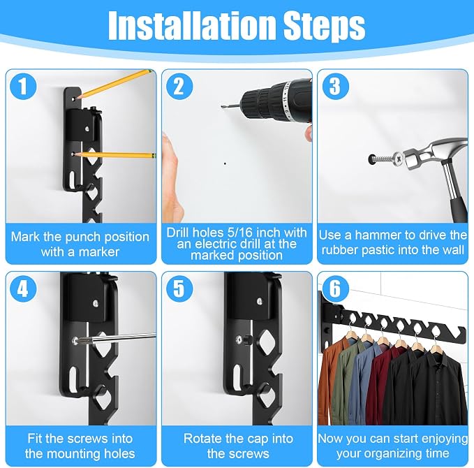 3 Pack Black Wall Mount Coat Hanger Holder, Retractable Folding Clothes Hanging - Image 7