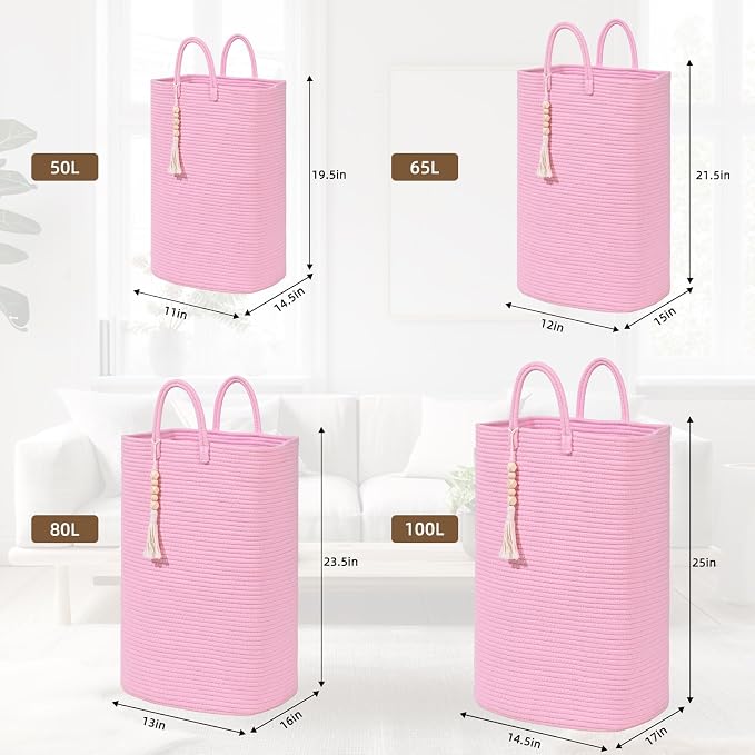 Woven Laundry Basket for Clothes, 65L Large Rectangle Laundry Hampers, Nursery - Image 3