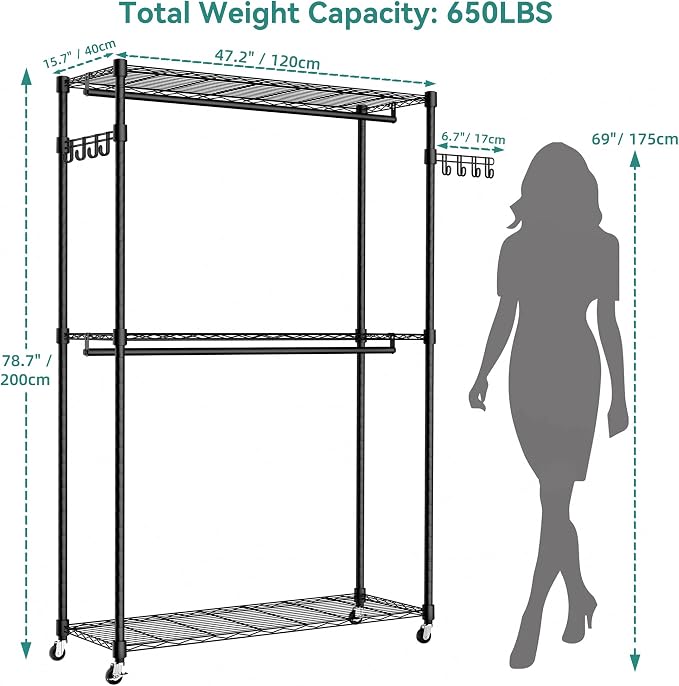 Heavy Duty Rolling Garment Rack, 3 Tiers Wire Shelves Adjustable Freestanding - Image 2