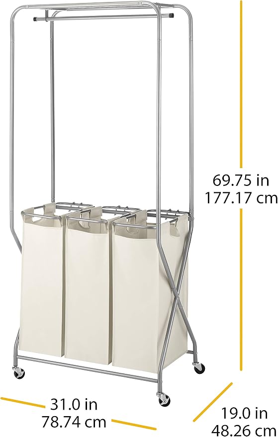 Whitmor Garment Rack Removable Bags-Tan, Triple SORTER Laundry Center - Image 5
