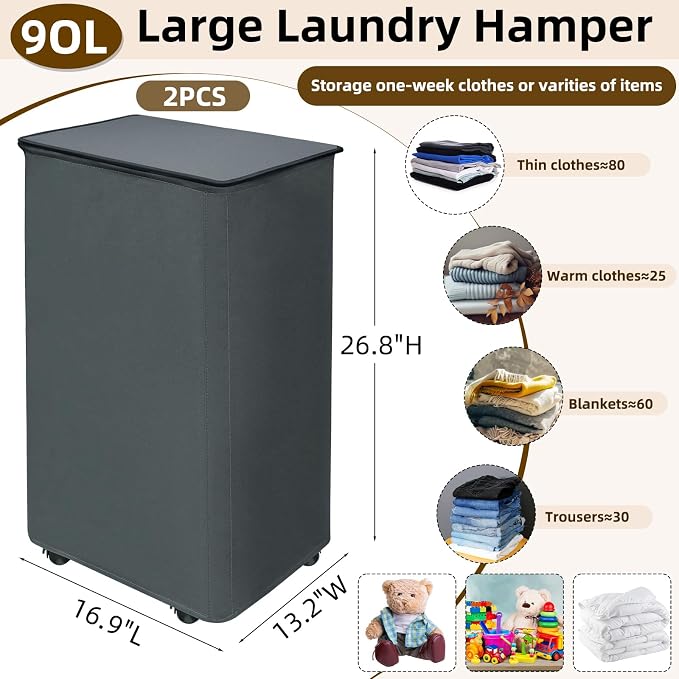 2 Pack 90L Collapsible Laundry Basket - Image 2