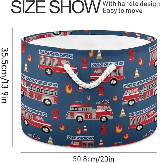 Fire Trucks Print Round Storage Basket Red Fire Fighting Supplies Large Laundry - Image 2