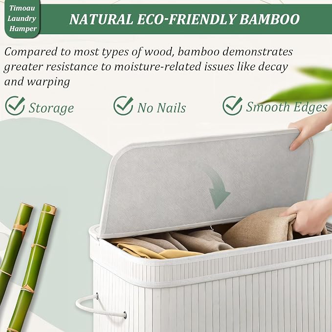 72L Laundry Hamper with Lid, Bamboo Laundry Basket with Removable Liner Bag - Image 3
