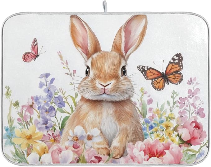 Cute Bunny and Blooming Flowers Dish Drying Mat Super Absorbent Drying Mat by susiyo