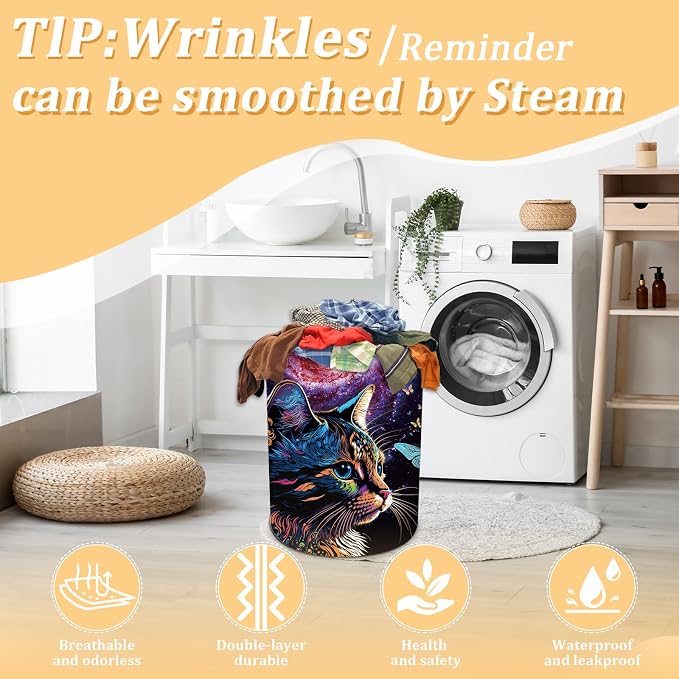 Cat Galaxy Space Laundry Basket, Foldable Waterproof Oxford Cloth Purple - Image 5