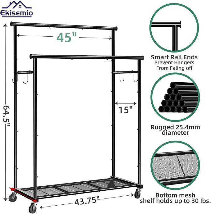 Double Rods Clothes Rack with Wheels Load 400 LBS, 45 Inch Rolling Clothing Rack - Image 6