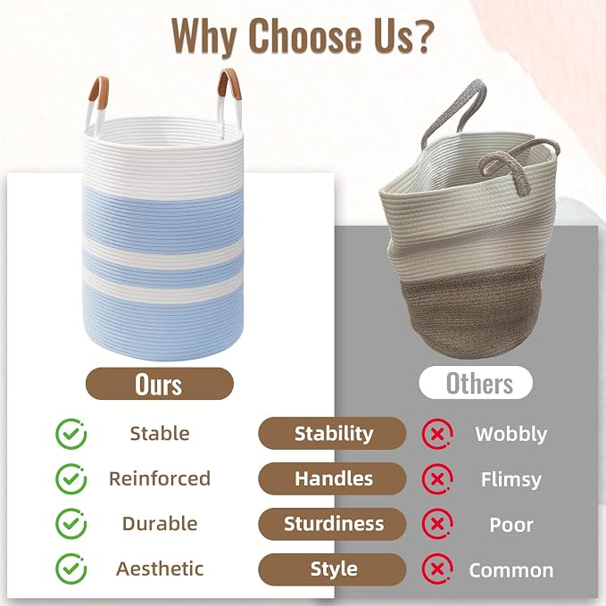 60L Striped Laundry Basket, Woven Cotton Rope Storage Bin - Image 7